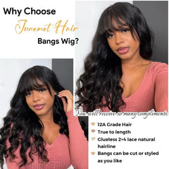 16 Inch Human Hair Wig with Fringe Wear and Go Glueless Wig Human Hair 2X4 Lace Front Body Wave Human Hair Wig for Women 100% Real Brazilian Hair Wigs with Bangs Natural Black