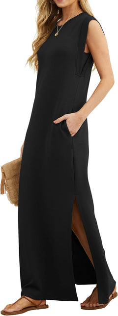 Womens Summer Maxi Dress Casual Shirt Dresses Elegant Styles Basic Sleeveless Maxi Dresses for Women UK with Split and Pockets