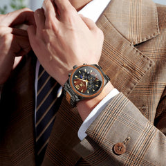 Mens Wooden Watch Analog Quartz Stainless Steel Wirst Watches Luxury Dress Chronograph Waterproof Luminous Watches for Men Gift