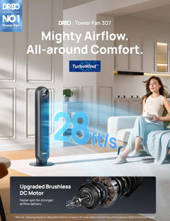 20Db Silent Tower Fan, 28 Ft/S Velocity Electric Cooling Fan with Remote, 90° Oscillating 8 Speeds 4 Modes 8H Timer LED Display, DC Motor Quiet Standing Bladeless Floor Fans for Bedroom, Black