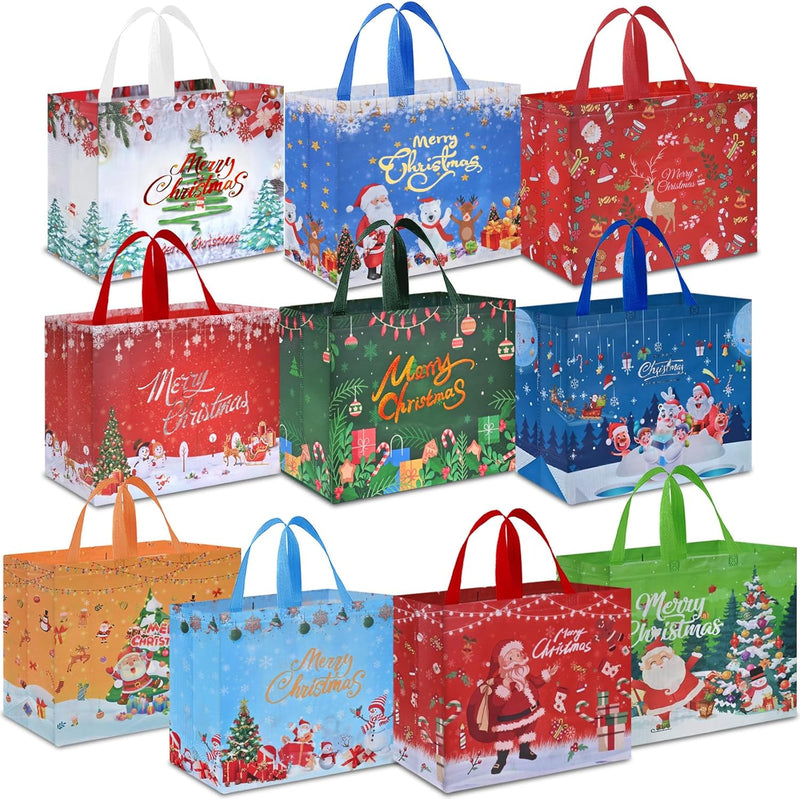 Extra Large Christmas Bags for Gift, 10PCS Reusable Christmas Tote Bags with Handles, Multipack Xmas Gift Bags Non-Woven Christmas Treat Shopping Bags Xmas Party Favor, 40 X 36 X 15Cm