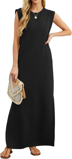 Womens Summer Maxi Dress Casual Shirt Dresses Elegant Styles Basic Sleeveless Maxi Dresses for Women UK with Split and Pockets