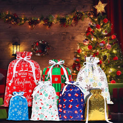 38PCS Christmas Drawstring Gift Bags - 7 Festive Designs for Perfectly Wrapped Presents and Holiday Parties!