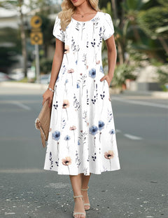 Womens Summer Dresses Short Sleeve Midi Dress Crew Neck Ladies Dress Casual Swing Dress with Pockets S-XXL