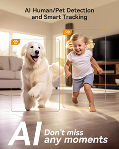 Dual-Lens 2K+2K Indoor Security Camera, House Security Camera 360°Full Coverage, Pet Baby Camera with APP, Color Night Vision, Human/Pet/Sound/Motion Detection, Siren Spotlight, 2.4Ghz Only