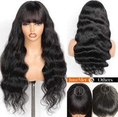 16 Inch Human Hair Wig with Fringe Wear and Go Glueless Wig Human Hair 2X4 Lace Front Body Wave Human Hair Wig for Women 100% Real Brazilian Hair Wigs with Bangs Natural Black