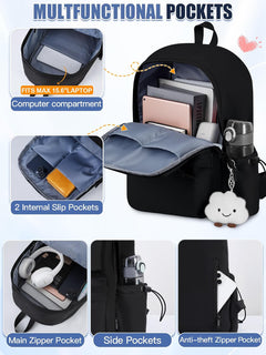 Backpack Womens School Bag Girls Boys, Lightweight Water-Resistant Fits 15.6” Laptop Large Capacity Rucksack with Anti-Theft Pocket, Ideal for School College Commuting Travel Black