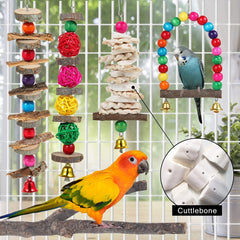 Bird Perch & Toys - 6 Pack Accessories, Wooden Chew Toys & Perch Stand for Parakeet, Conure, Cockatiel, Lovebird, Parrotlet, Budgie, Finches & Other Small to Medium Sized Birds