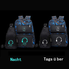 School Bags for Teenage Boys Camo Casual Backpacks Luminous Unisex Kids Rucksack Travel Canvas Daypack College Bookbag Waterproof Lightweight Student Back Pack Sling Shoulder Backpacks Set