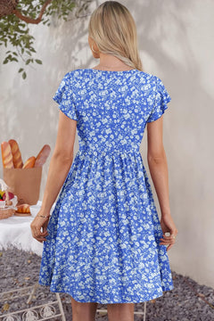 Women Summer Dresses V Neck Ruffle Sleeve Casual Swing Elastic Waist Midi Dress with Pockets