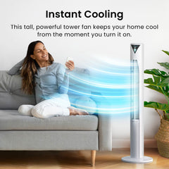 ® 46" Ultra-Powerful Bladeless Tower Fan with 45W Motor, Oscillating Portable Air Circulator, 3 Cooling Speeds, 4 Operational Modes, and 12-Hour Timer for Home & Office - White