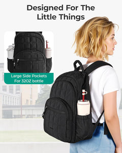 Travel Backpack for Women, 15.6" College Laptop Backpack, Black | Fits 15.6" Laptop, Personal Carry-On Size with Trolley Sleeve, Quilted Style for College Nurse Teacher, Water-Resistant