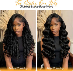 22 Inch 200% Density 6X6 HD Lace Closure Glueless Wig Human Hair Pre Side C Part Loose Body Wave Brazilian Human Hair Wig with Fringe for Women Layered Cut Wear and Go Glueless Human Hair Wig