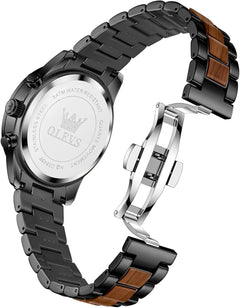 Mens Wooden Watch Analog Quartz Stainless Steel Wirst Watches Luxury Dress Chronograph Waterproof Luminous Watches for Men Gift