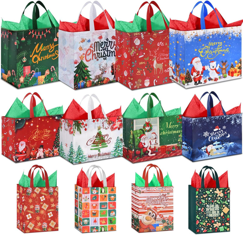 12-Pack Reusable Christmas Tote Bags with Tissue Paper - Extra Large, Large & Medium Non-Woven Gift Bags for Holiday Parties & Decorations